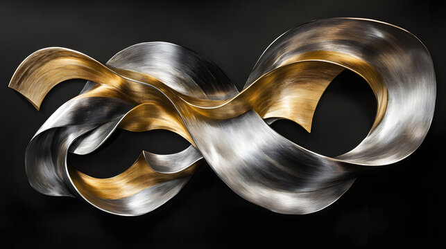 A dynamic swirl of metallic silver and gold ribbons set against a deep black background, creating a sense of elegance and movement within a modern abstract composition 