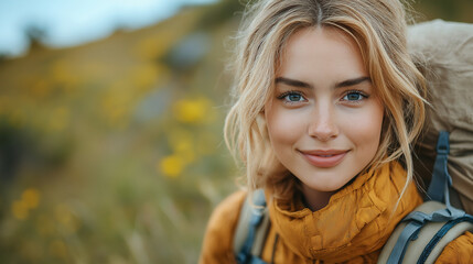 Naklejka premium Young Woman Hiking Taking a Selfie in Nature on a Scenic Trail