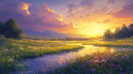 Naklejka premium A peaceful valley glowing with shimmering streams and radiant pastel skies