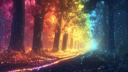 Fototapeta premium A fantastical forest with glowing rainbow-colored trees and sparkling trails