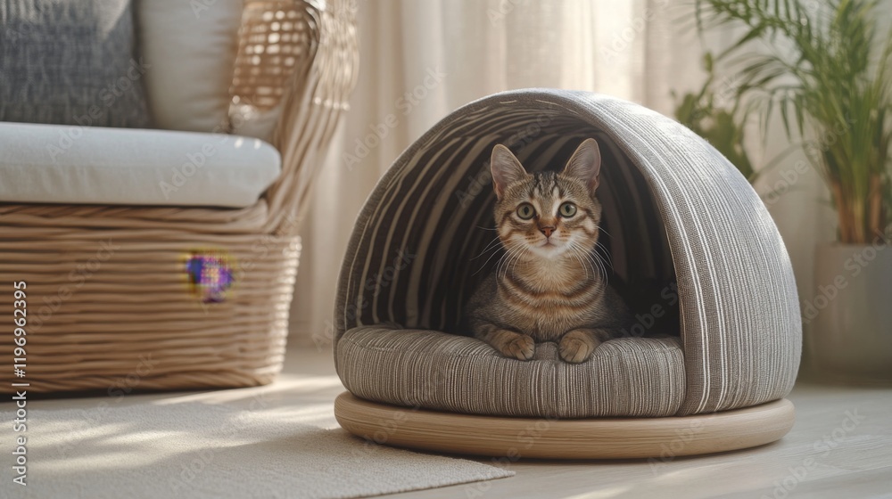 Poster a contemporary cat house made of fabric and wood, featuring playful patterns and textures, set in a 