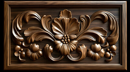Intricate Floral Wood Carving with Ornate Details and Rich Brown Tones