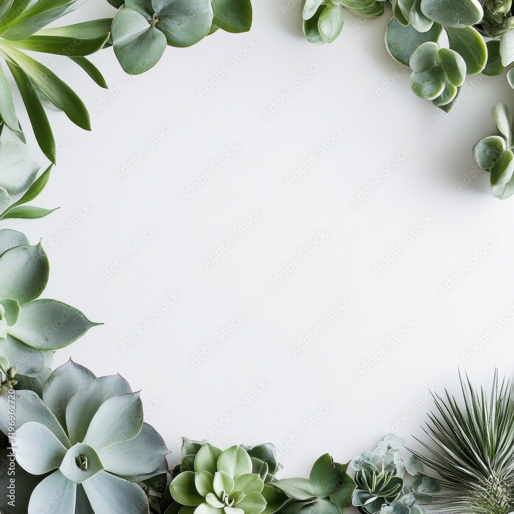 Fototapete Green succulent plants frame on a white background creating copy space for text or creative designs. Generative AI