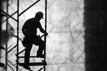 Construction worker climbs scaffolding during daylight hours at a building site