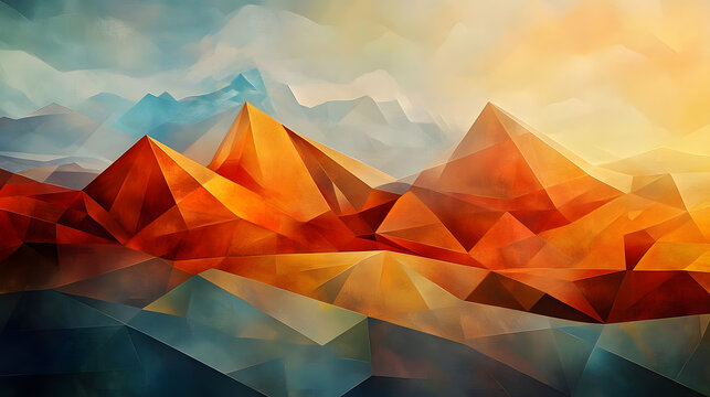 A fragmented landscape made up of overlapping polygons in warm tones of orange and red, balanced by cool blues and greens to create a sense of rhythm and harmony 