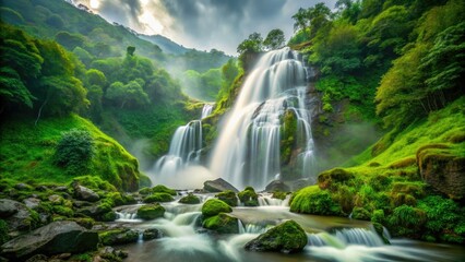 Obraz premium Rain-washed mountain reveals majestic waterfall; long exposure captures its ethereal beauty.