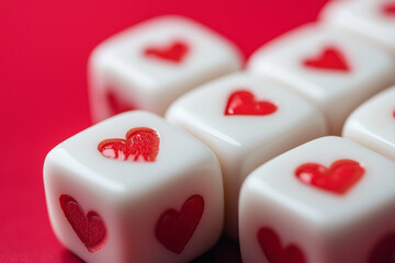 close-up of white dice with red heart symbols on each side, arranged on a vibrant red background. The image conveys themes of love, luck, and Valentines Day.