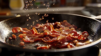Fototapeta premium A detailed image of bacon being cooked in a cast-iron skillet, with droplets of grease splattering, evoking the sounds and aromas of a hearty breakfast