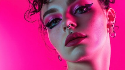 Obraz premium A close-up shot of a woman against a bright pink background