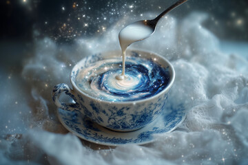 A magical cup of coffee with swirling galaxy-like patterns created by pouring milk, surrounded by sparkling lights, served in a vintage porcelain cup on a saucer