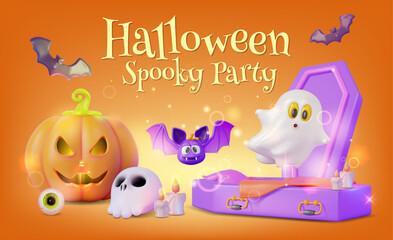 Fototapeta premium 3d Halloween Spooky Party Concept Banner Poster Card Template . Vector illustration of Fly Ghost, Pumpkin and Coffin