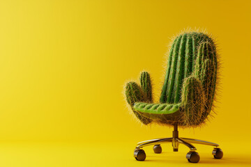 Office chair made of cactuses. Uncomfortable situation, hemorrhoids concept. Cactus leather, sustainable vegan alternative to animal leather. Green eco living, cruelty-free