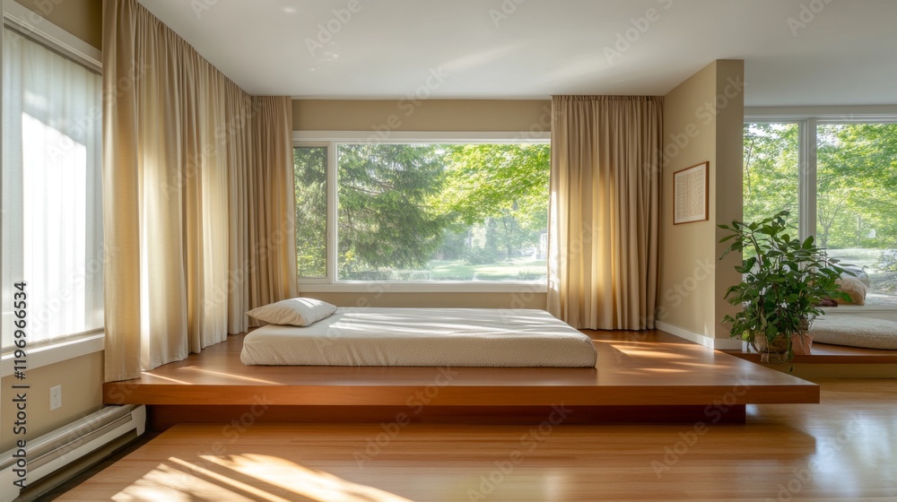 Poster a minimalist bedroom with a sleek platform bed, neutral color palette, and large windows allowing na