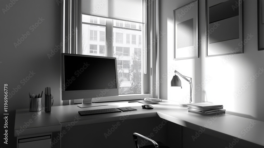 Poster a minimalist desk setup with a monochromatic theme, showcasing a sleek computer, minimalist accessor