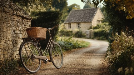 An old-fashioned bicycle with a wicker basket, parked next