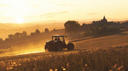 Fototapeta premium Golden Sunset Tractor Farming Landscape Rural Scenery Agriculture Field