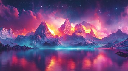 A fantastical mountain range glowing with luminous candy-colored peaks and radiant skies
