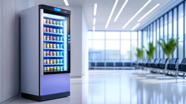 A modern vending machine filled with snacks in a bright, spacious waiting area.
