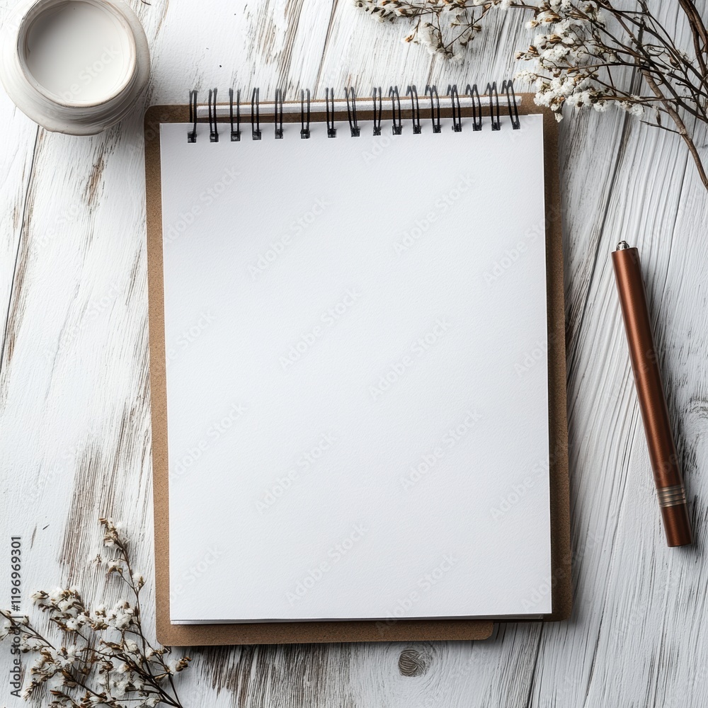 Aufkleber Blank notebook on wooden surface with pen and flowers for creative ideas and notes. Generative AI