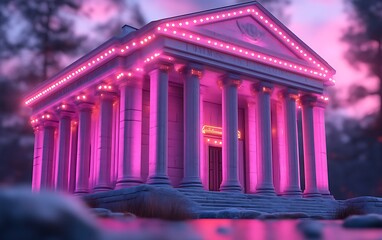 Pink-lit ancient temple at dusk.