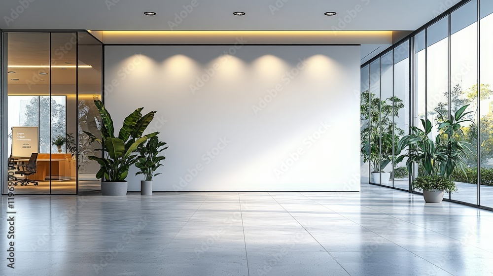 Wall mural Modern Spacious Office Interior Featuring Large White Wall with Glass Panels and Lush Green Plants in a Bright Environment