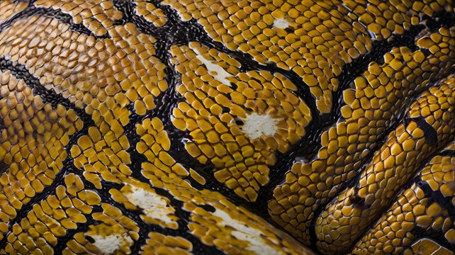 Detailed closeup of a vibrant yellow and black reticulated python scales