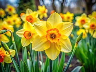Obraz premium Sunlit daffodils burst forth, vibrant yellow against a lush green spring garden.