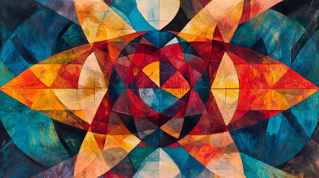 A kaleidoscope of geometric shapes in bold colors like red, blue, and yellow, layered with textured brushstrokes and swirling patterns to create a sense of dynamic motion and visual intrigue 
