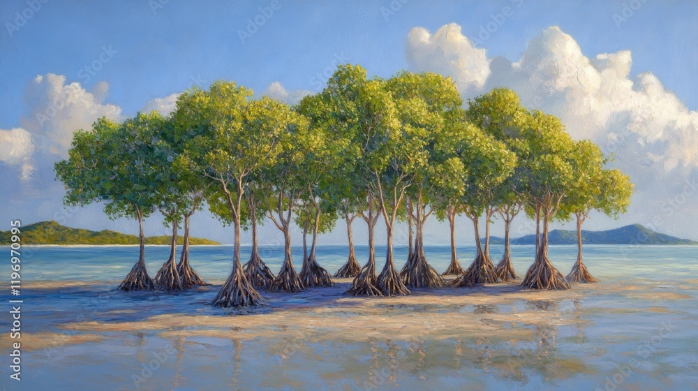 Poster a serene coastal view of mangrove trees standing tall in shallow water, with a backdrop of distant h