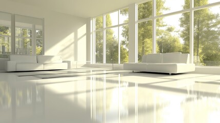 Fototapeta premium A serene interior of a minimalist living room featuring a neutral color palette, sleek furniture, and large windows that allow natural light to fill the space