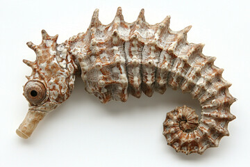 Obraz premium Dried seahorse, intricate bone-like texture, curled tail, detailed head.