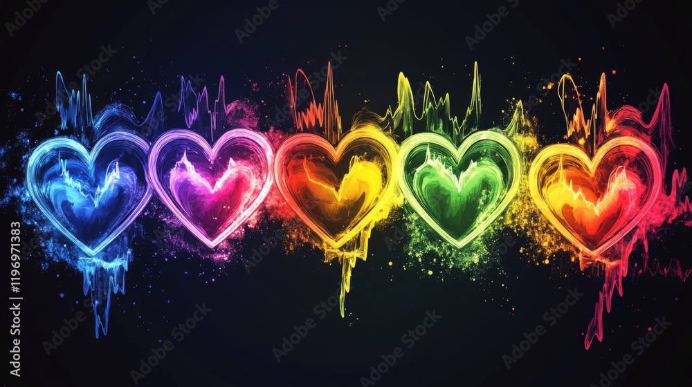 Aufkleber a series of heart waveforms depicted in different colors, symbolizing various emotional states, disp