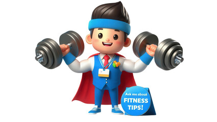 Fitness character promoting healthy lifestyle tips cartoon style engaging environment cheerful view