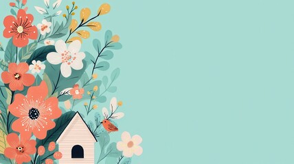 Springtime Floral Design Birdhouse Flowers and Birds on Teal Background