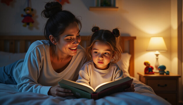 Mother reading bedtime story to daughter in cozy bedroom, nurturing bond