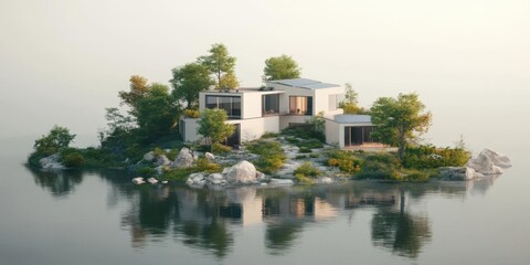 Obraz premium A modern house on a serene island surrounded by water and greenery.