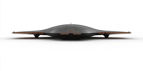 A sleek, futuristic flying saucer design with a smooth surface and illuminated edges.