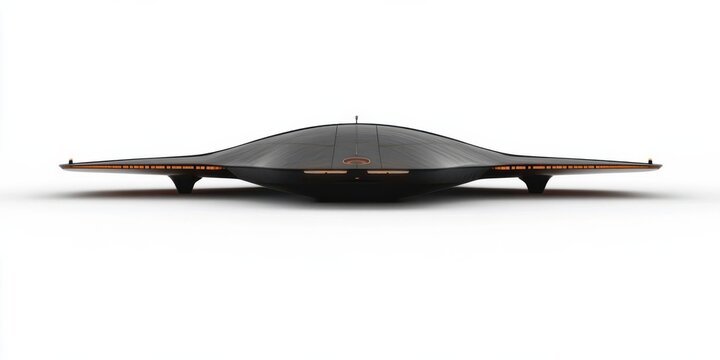A sleek, futuristic flying saucer design with a smooth surface and illuminated edges.