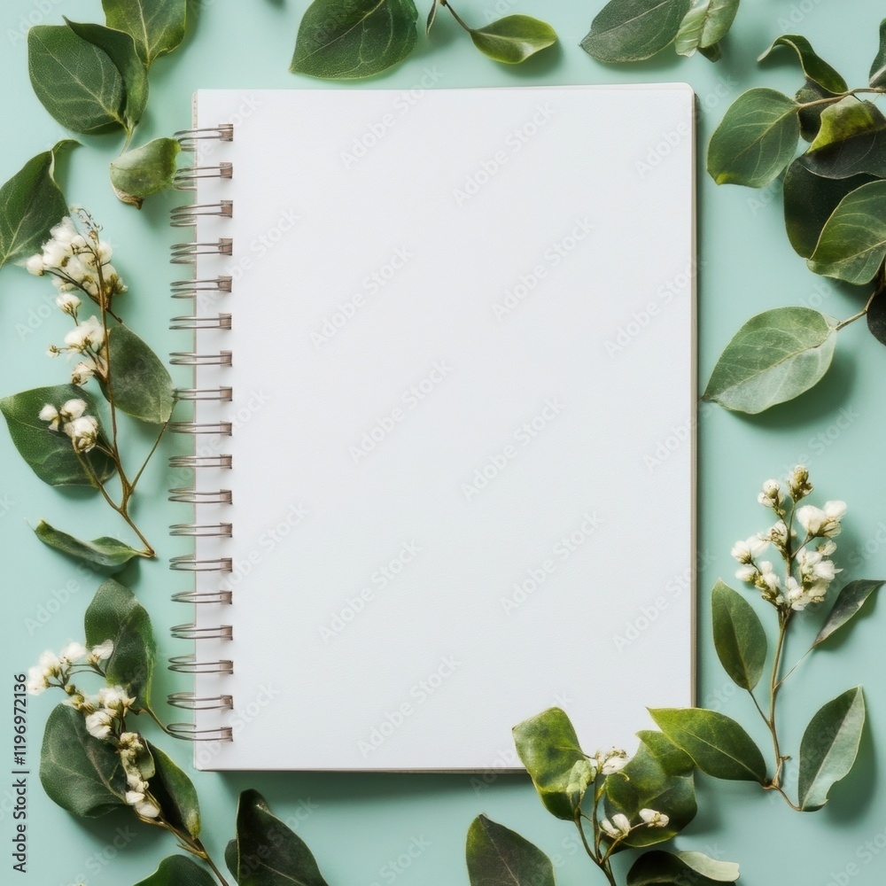Poster blank notebook surrounded by fresh leaves and flowers ideal for creative writing or journaling in a 