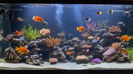 A large aquarium tank filled with colorful fish swimming amongst corals and plants, with clear water offering a glimpse of the underwater world.