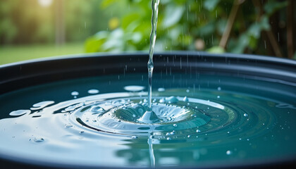 Raindrops falling into barrel creating ripples, water conservation