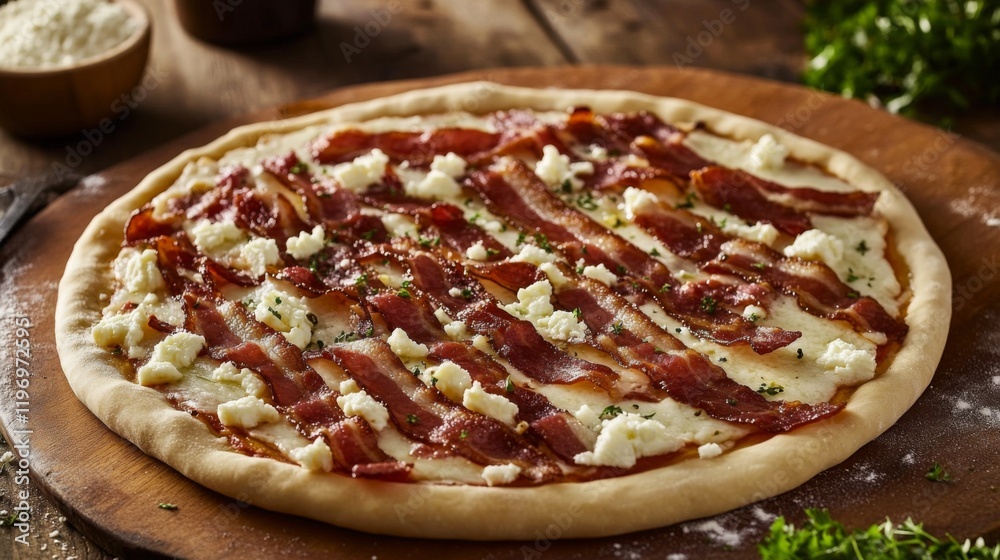 Poster a striking image of bacon being draped over a pizza before baking, showcasing the savory addition th