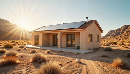 Solar-powered house in desert landscape under intense sunlight, sustainability