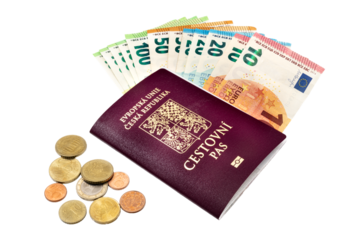 Wine passport of Czech Republic and euro banknotes and coins on a transparent background - official currency of a large number of European countries. 