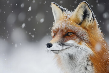 Fototapeta premium Red fox in snowy winter; serene gaze.