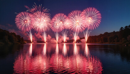 Vibrant fireworks reflecting on tranquil water during evening celebration