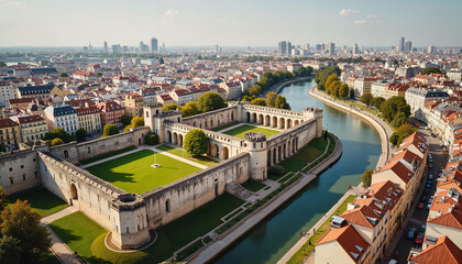Ruins of Bastille Prison amidst modern city life, historical contrast
