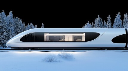 Fototapeta premium Futuristic high-speed train in snowy landscape.
