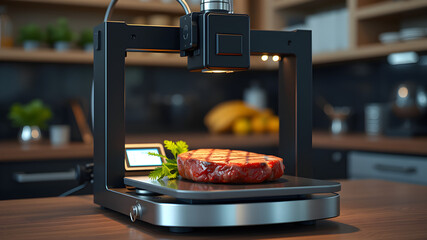 A 3D Printer Creates a Perfectly Cooked Steak in a Modern Kitchen