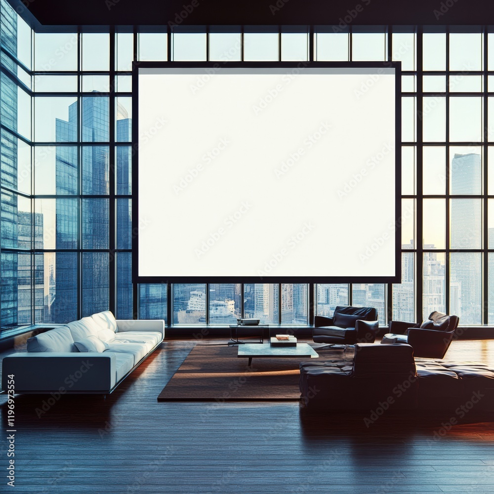 Poster Modern interior design with large empty wall space for text in a stylish urban apartment. Generative AI